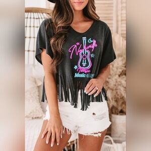 NEW WITH TAGS Black Nashville Crop Tee with Fringe